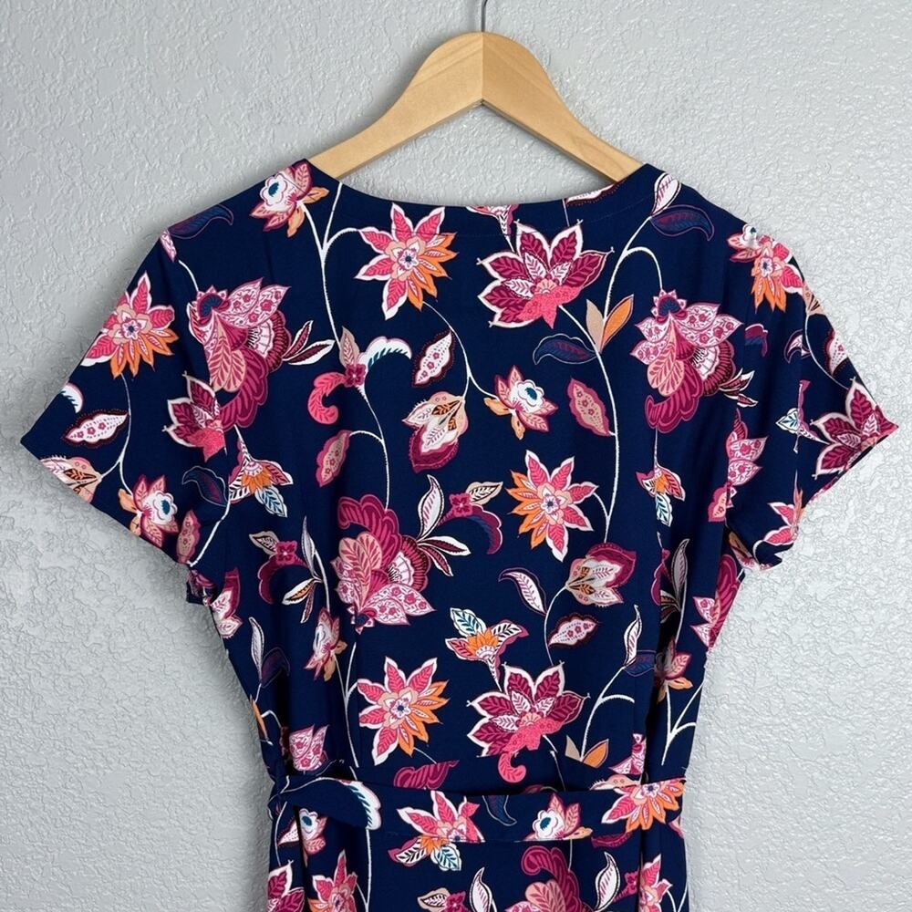 Loft NWT Floral Tie Waist Dress Navy Blue & Pink 10 Spring Romantic Button Front - Picture 9 of 13